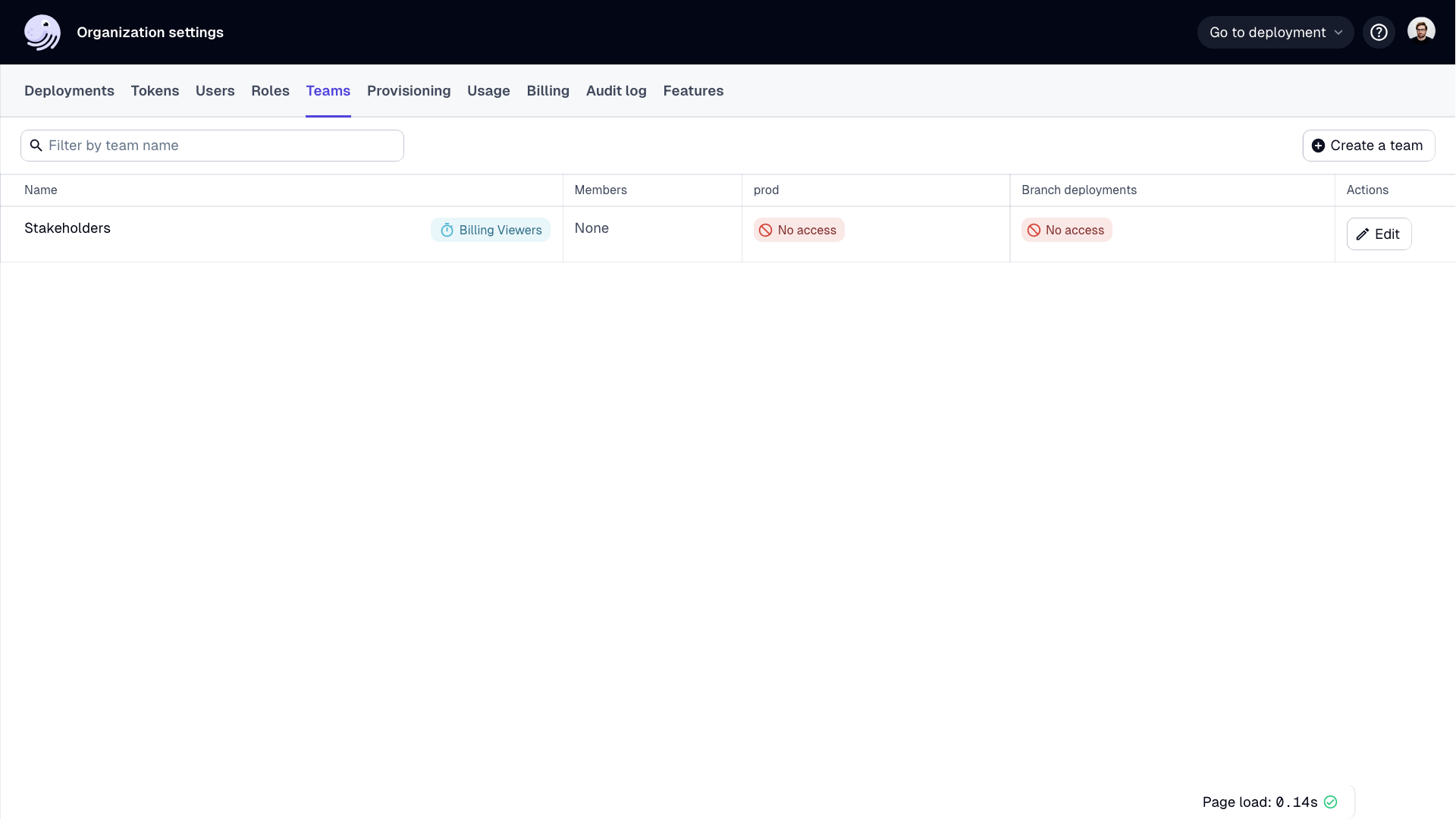 Screenshot of Managing teams page