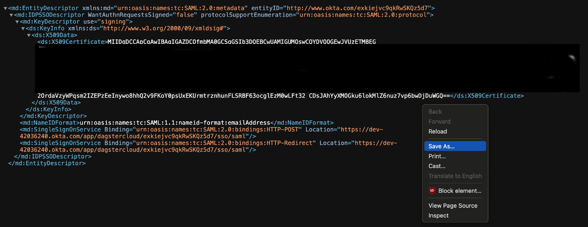 Save IdP metadata as XML